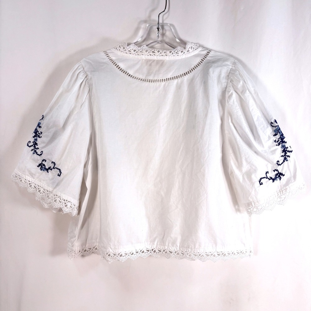 Jennifer & Grace Cardigan White Blue Floral Embroidered Tie Front Lace Women M - Picture 2 of 7